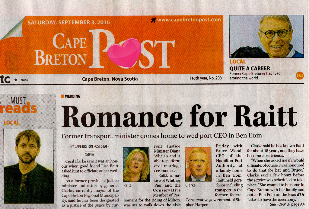 Front page Cape Breton Post story about Lisa Raitt's wedding.