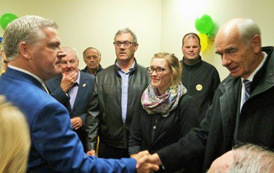 The handshake. Rankin MacSween (r) congratulates newly re-elected CBRM Mayor Cecil Clarke (l).