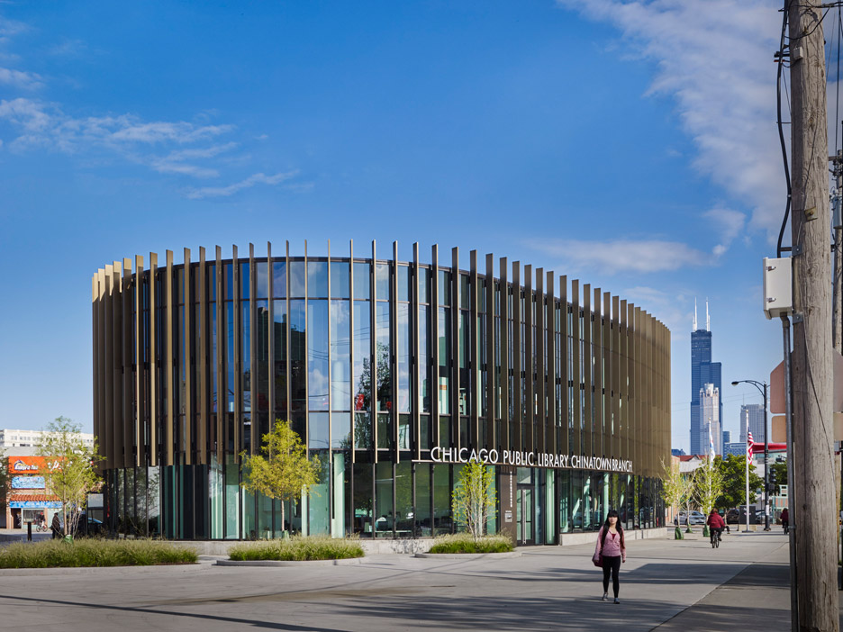 Chicago Public Library Chinatown Branch. (Source: dezeen https://www.dezeen.com/2015/12/31/som-chicago-chinatown-branch-library-circular-aluminium-fins/)