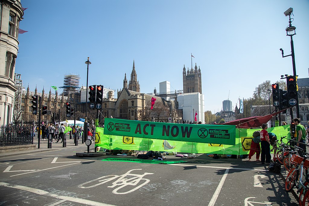 Extinction Rebellion (XR) protests, London, UK, April 2019. (Photo by Jwslubbock [CC BY-SA 4.0 (https://creativecommons.org/licenses/by-sa/4.0 via Wikimedia Commons)