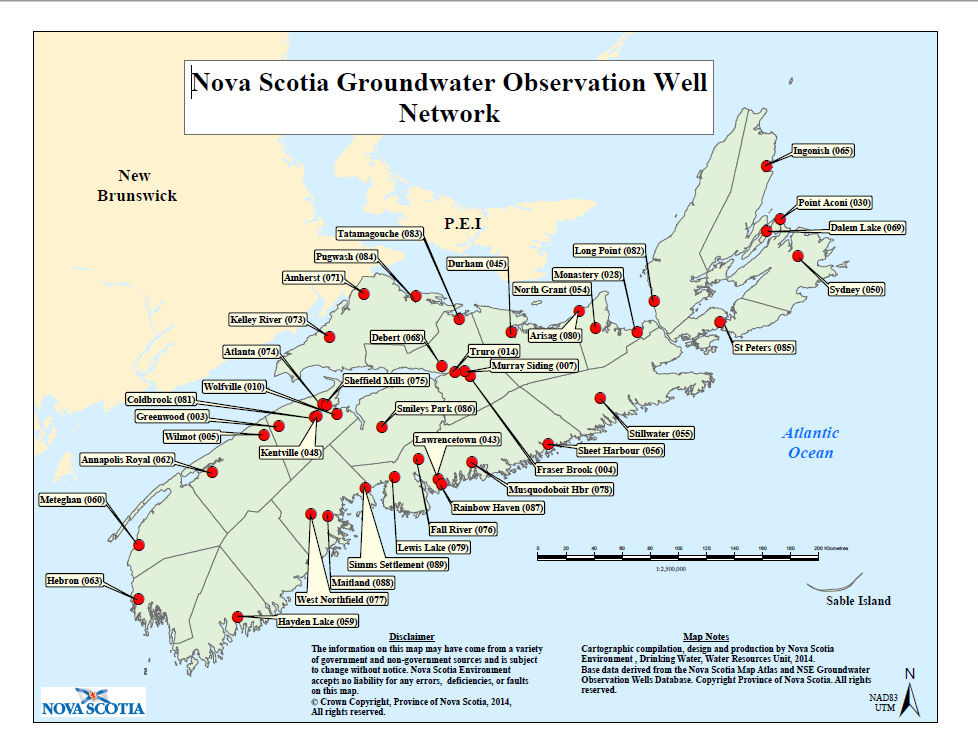 Map of Groundwater Observation Well Network, Nova Scotia