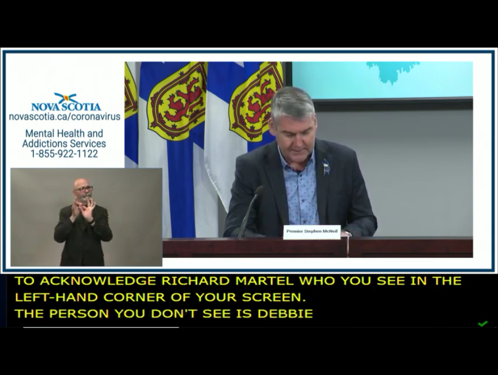 Premier Stephen McNeil, sign language-interpreter Robert Powell