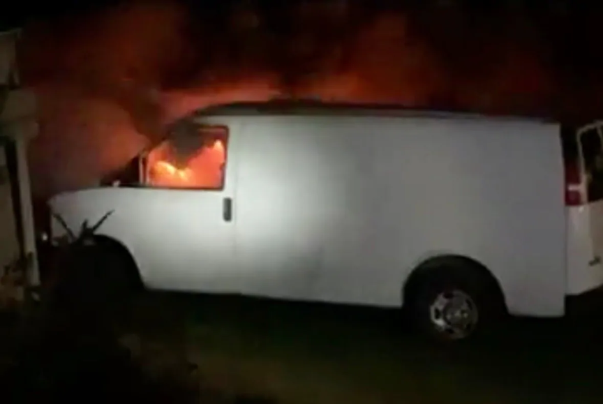 A van belonging to a Mi'kmaw fisherman was set ablaze Tuesday night in West Pubnico, N.S. (Riley Howe/Facebook)