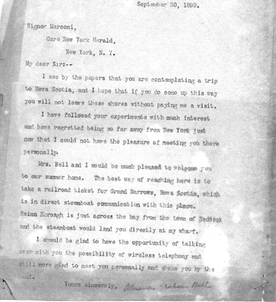 1899 letter from Alexander Bell to Guglielmo Marconi