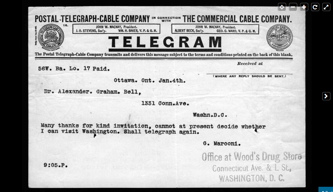 Telegram from Marconi to Graham Bell