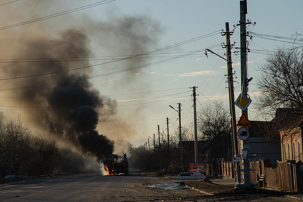 Burning bus, Ukraine, February 2022