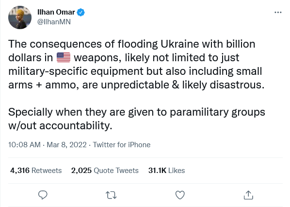 Ilhan Omar tweet re: arming Ukraine