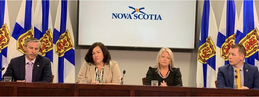 Left to right: Premier Tim Houston, Business Minister Suzanne Corkum-Greek, Public Works Minister Kim Masland, Service Nova Scotia Minister Colton LeBlanc. Photo: Jennifer Henderson