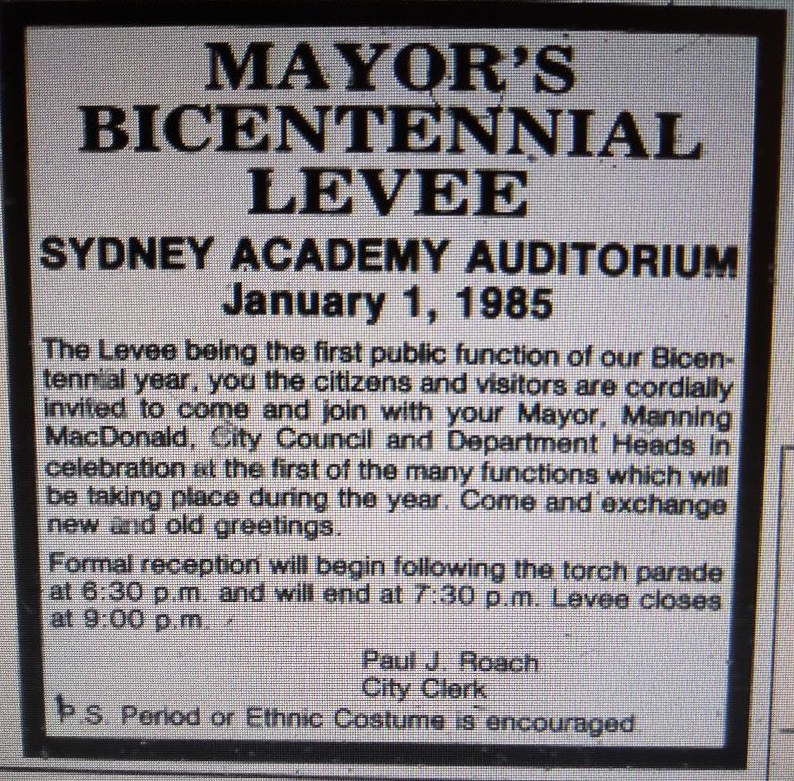 Add for 1985 Bicentennial Levee, Sydney, NS