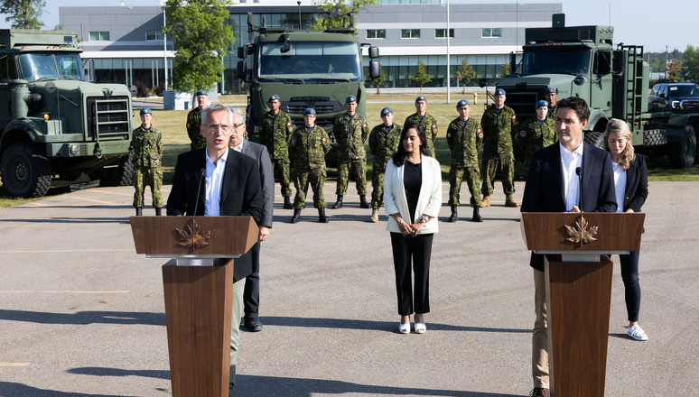 NATO Secretary General Jens Stoltenberg, Canadian Defense Minister Anita Anand and Prime Minister of Canada Justin Trudeau during their press conference at the Royal Canadian Air Force base in Cold Lake.