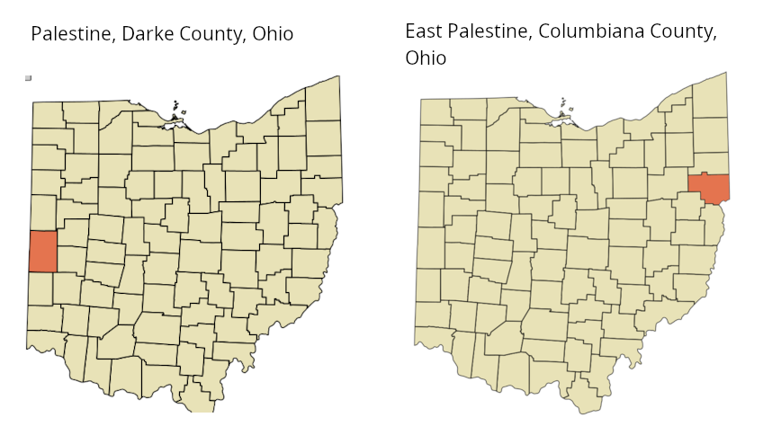 Maps showing East Palestine and Palestine, Ohio
