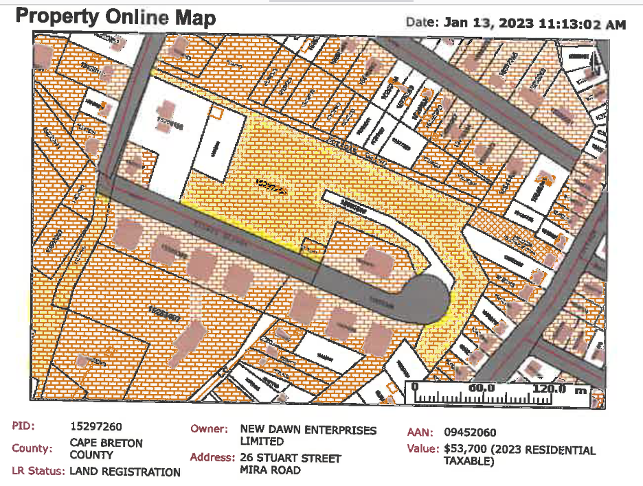 A map showing 26 Stuart Street, Grand Mira, CBRM, NS.