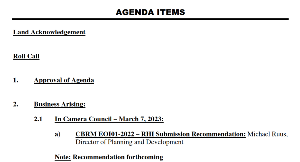 Agenda for the CBRM special council meeting held 7 March 2023.