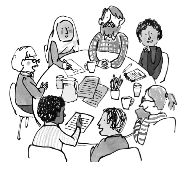 Sketch of diverse group of people sitting around a table. 