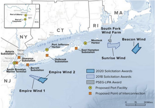 Map of New York State's five offshore wind projects.