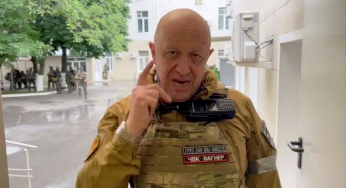 Wagner mercenary group leader Yevgeny Prigozhin speaks inside the headquarters of the Russian southern army military command centre in the city of Rostov-on-Don, Russia, in this still image taken from a video released June 24, 2023
