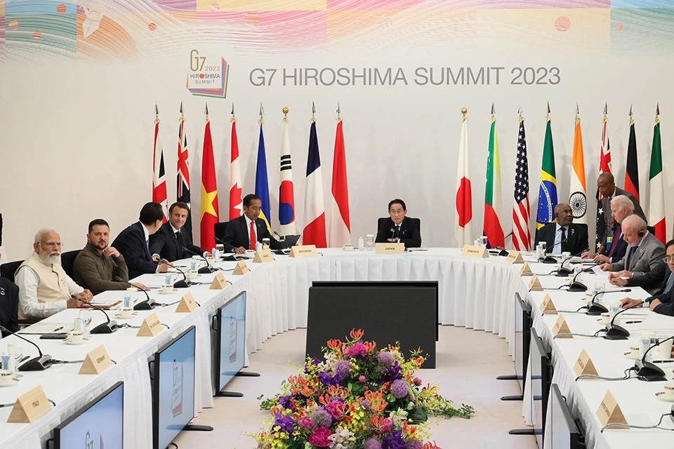 Japanese Prime Minister Fumio Kishida leads discussions at G7 Hiroshima Summit, May 2023.
